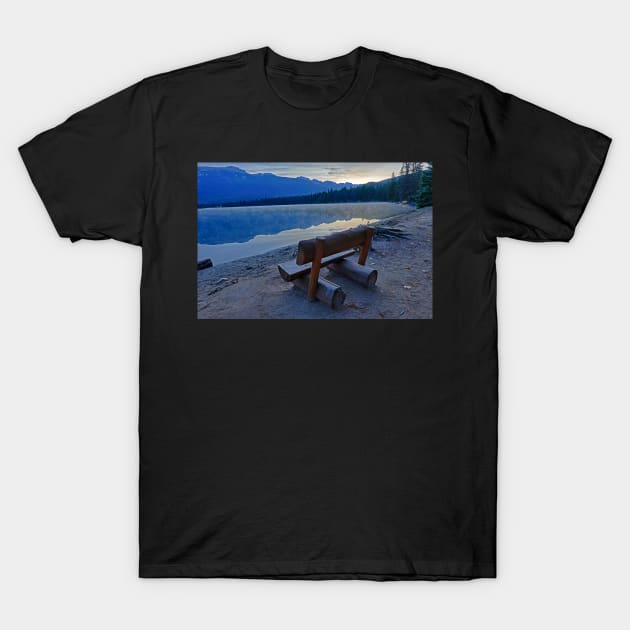 Cavell Lake Wooden Bench Morning Jasper National Park Fall Leaves T-Shirt by WayneOxfordPh